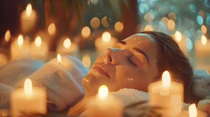 Caucasian female customer enjoying a relaxing spa massage Beautiful skin in the warm candlelight of a luxury spa, resort or hotel. Peace and quiet. - Powered by Adobe
