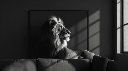 Elegant Majestic Lion Portrait Capturing the Power and Strength of King of the Jungle Monochrome Wildlife - obrazy, fototapety, plakaty