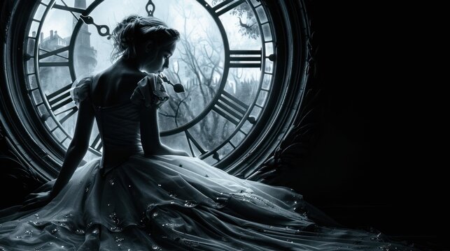 Enigmatic Cinderella: Minimalist Silhouette Poised Against the Ticking Clock - Surreal Art and Fantasy Concept - Vintage and Retro Design