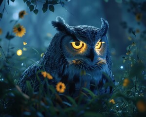 Forest Night. Owl Wisdom Portrait of Nature's Enigmatic Hunter Amidst the Darkness, Where Wise Eyes Pierce the Night's Veil in a Display of Wisdom and Beauty