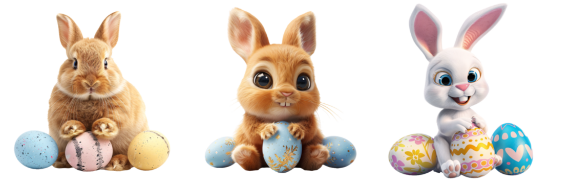 Set of cute smiling Easter bunnies with Easter eggs, collection of little cartoon Easter rabbits isolated on transparent white background