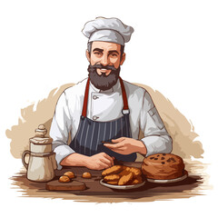Bearded brutal baker in cap and apron. Craft bakery logo - 749387703
