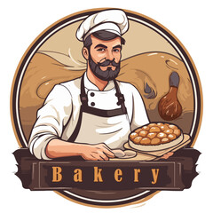 Bearded brutal baker in cap and apron. Craft bakery logo - 749387709
