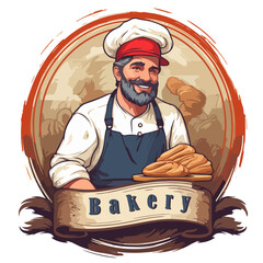 Bearded brutal baker in cap and apron. Craft bakery logo - 749387711
