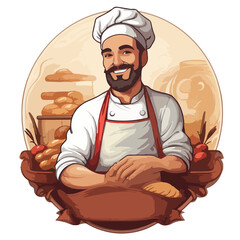 Bearded brutal baker in cap and apron. Craft bakery logo - 749387714