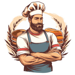Bearded brutal baker in cap and apron. Craft bakery logo - 749387718