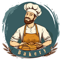 Bearded brutal baker in cap and apron. Craft bakery logo - 749387723