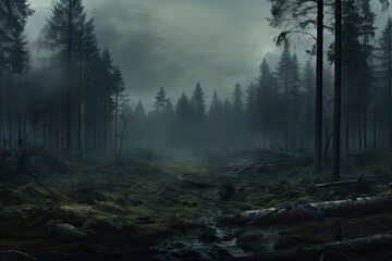 a cloudy forest in the fog - obrazy, fototapety, plakaty