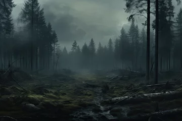 Rolgordijnen a cloudy forest in the fog © Alexei