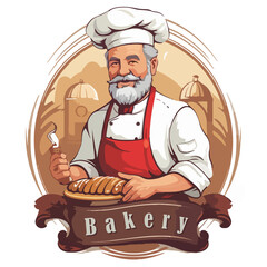 Bearded brutal baker in cap and apron. Craft bakery logo - 749387747