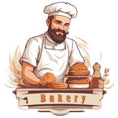 Bearded brutal baker in cap and apron. Craft bakery logo - 749387750