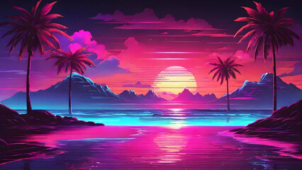 Sunset on the beach. Synthwave retrowave wallpaper style with a cool and vibrant neon. - obrazy, fototapety, plakaty