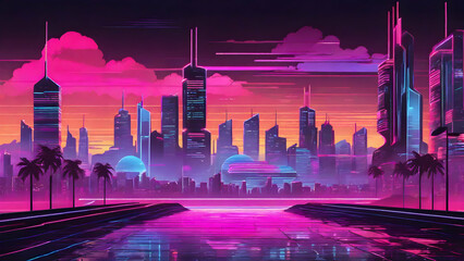 City skyline at dusk. Synthwave retrowave wallpaper style with a cool and vibrant neon.