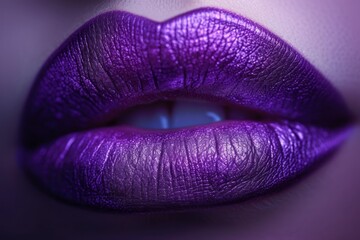 Fototapeta premium Close-up of woman's lips with violet glossy lipstick. Half-open mouth of beautiful female model expresses sensuality and sexuality. Cosmetology or fashion makeup concept. Toned image.
