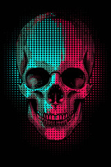 turquoise and red Skull halftone on black background