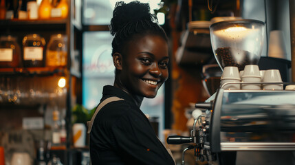 Happy young teenage black african american female barista working in a coffee shop during inflation and financial crisis.  - Powered by Adobe