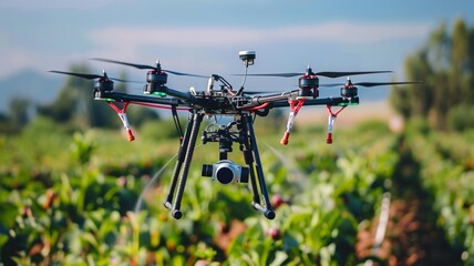 Drones spray crops in agricultural areas.
