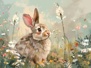 Vibrant Rabbit Garden. Colorful Flora Pastel Illustration of a Cute Bunny Amidst Beautiful Flowers and Greenery, Perfect for Spring and Easter Themes