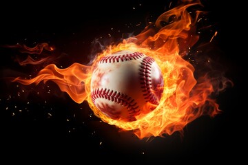 Baseball engulfed in flames, symbolizing high velocity and the explosive impact of the sport. Flaming baseball on dark background