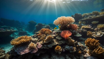 Vibrant coral reef under the sea illuminated by sunlight