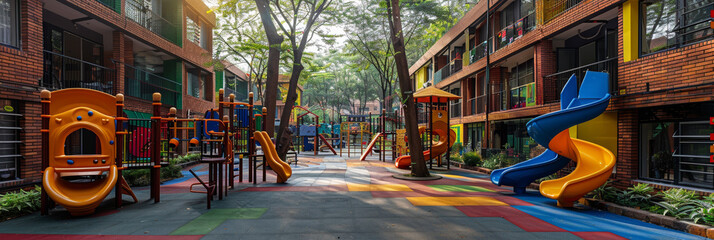 A fun outdoor play area in a residential complex filled with colorful equipment for children's entertainment.