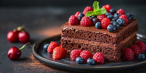A delicious chocolate cake topped with fresh raspberries makes the perfect dessert.