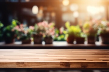 Smooth Wooden Tabletop with Blurred Floral Arrangement in Restaurant Setting. Elegant wooden tabletop with a soft blur of floral decor in a dining area.