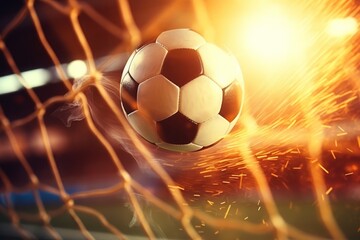 Fototapeta premium Action-packed moment as a soccer ball flies into the goal net with dynamic light and copy space. Soccer ball scoring goal with dynamic light