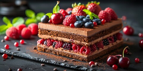 A delicious dessert featuring a rich chocolate cake topped with fresh berries and cream.