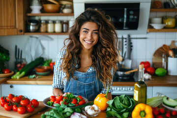 smiling young woman on kitchen counter with vegetables preparing delicious food