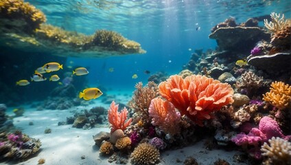 Beautiful coral reef scene illuminated by sunlight underwater