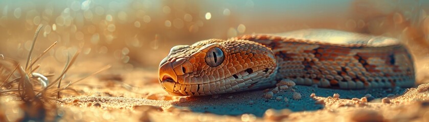 Obraz premium Dreamy Desert Encounter. Macro Closeup of Snake Scales Captivating Bokeh Photography Captures the Charm and Danger of Wildlife Reptiles in Their Natural Habitat