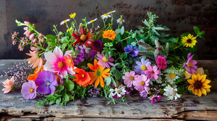 Fototapeta na wymiar Vibrant Edible Flowers and Herbs Display