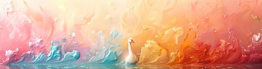 Ugly Duckling. A Colorful Journey Through Nature's Tranquil Beauty Capturing the Serenity of Lakeside Scenes and Majestic Swans - obrazy, fototapety, plakaty
