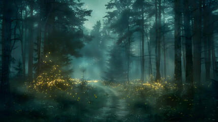 Misty forest cinematic photo in the evening. High quality