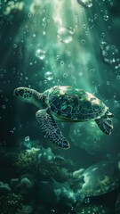 Fototapeta premium Dreamy Turtle Journey. Soft Focus in the Ethereal Ocean Capturing the Grace of Underwater Life Tranquil Exploration of Wildlife in the Tropics