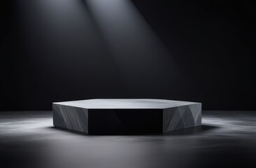 minimalist podium mockup, textured, flat platform illuminated by spotlights, for product display, on dark gray geometric stone background, studio room,