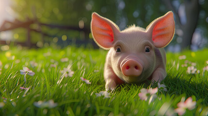 Naklejka na ściany i meble Little cute pig on the green grass of the farm