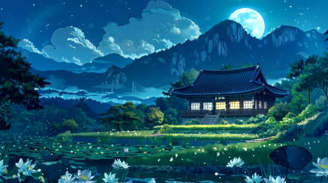 A historic South Korean house nestled in the serene countryside, and mist-shrouded mountains at night. Fantasy landscape anime or cartoon style, looping 4k time-lapse video animation background
