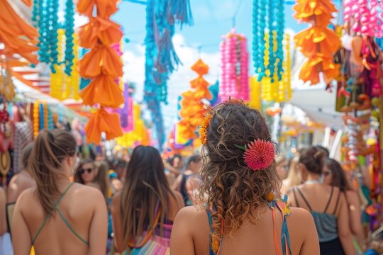 Close-up of a colorful summer festival with large crowds of people. Generative Ai