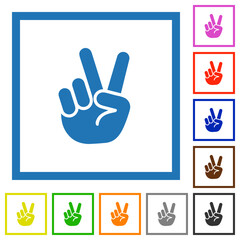 Victory sign hand gesture solid flat framed icons