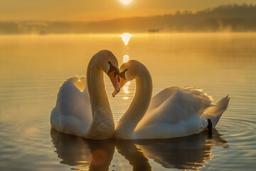 A heart shaped symbol of love from the necks of two white swans