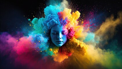 face of a woman in a colorful explosion of smoke - obrazy, fototapety, plakaty