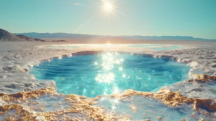 Photo sur Plexiglas Réflexion A golden glitter desert scene with a pond of water reflecting the sun above.