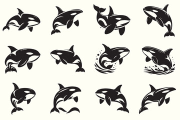 Orca Whale Silhouette Vector Illustration Set
