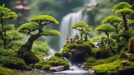Badkamer foto achterwand shabby chic dreamy mist pastel junk journals The Bonsai Forest Retreat Imagine a room filled with miniature bonsai trees, each resembling a different landscape or mythical creature. Tiny waterfalls, m © Muhammad