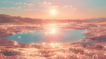 A golden glitter desert scene with a pond of water reflecting the sun above. - obrazy, fototapety, plakaty