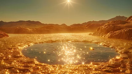 Papier Peint photo autocollant Réflexion A golden glitter desert scene with a pond of water reflecting the sun above.