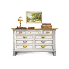 Dresser with low profile design and sculptural drawer pulls watercolor illustration, home furniture clipart