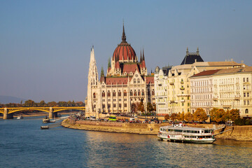 Fototapeta na wymiar Budapest Landmarks Of Hungarian Parliament Orszaghaz Building Danube River in Cityscape